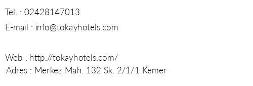 Tokay Hotels telefon numaralar, faks, e-mail, posta adresi ve iletiim bilgileri